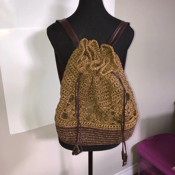 Backpack Purse Brown Woven Raffia Beach Bag Drawstring Pockets 17x13” - Picture 2 of 7